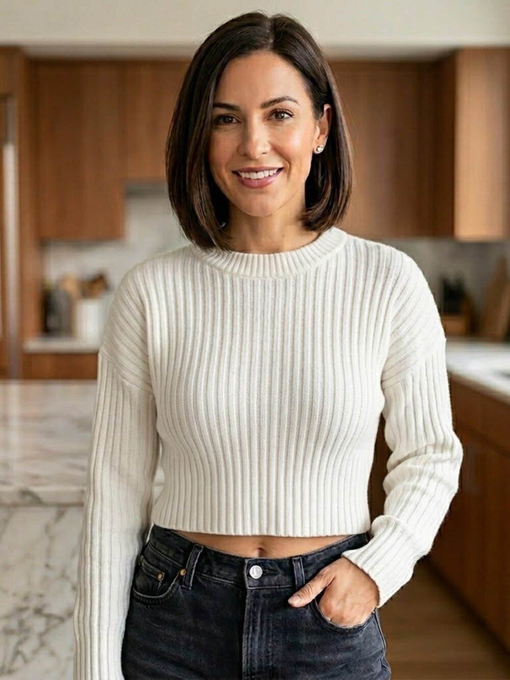 *3 FOR $9* Ivory Ribbed Heavyweight Crop Cropped Long Sleeve Knit Solid Sweater